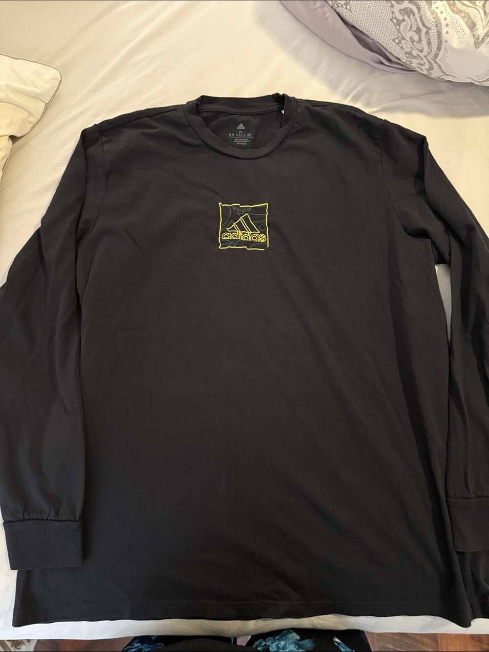 adidas Black Long-Sleeve Tee with Neon Yellow Logo